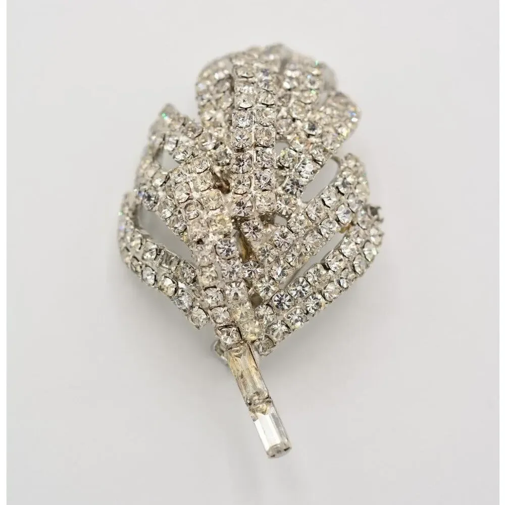 Vintage Crystal 3D Leaf Pin Brooch Baguette Prong Rhinestone Silver 1960s BinAL